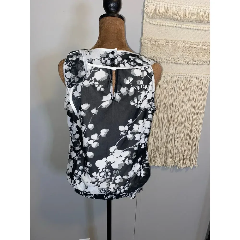 BCX Black White Floral Sleeveless Bubble Hem Blouse Medium Sheer Layered Top